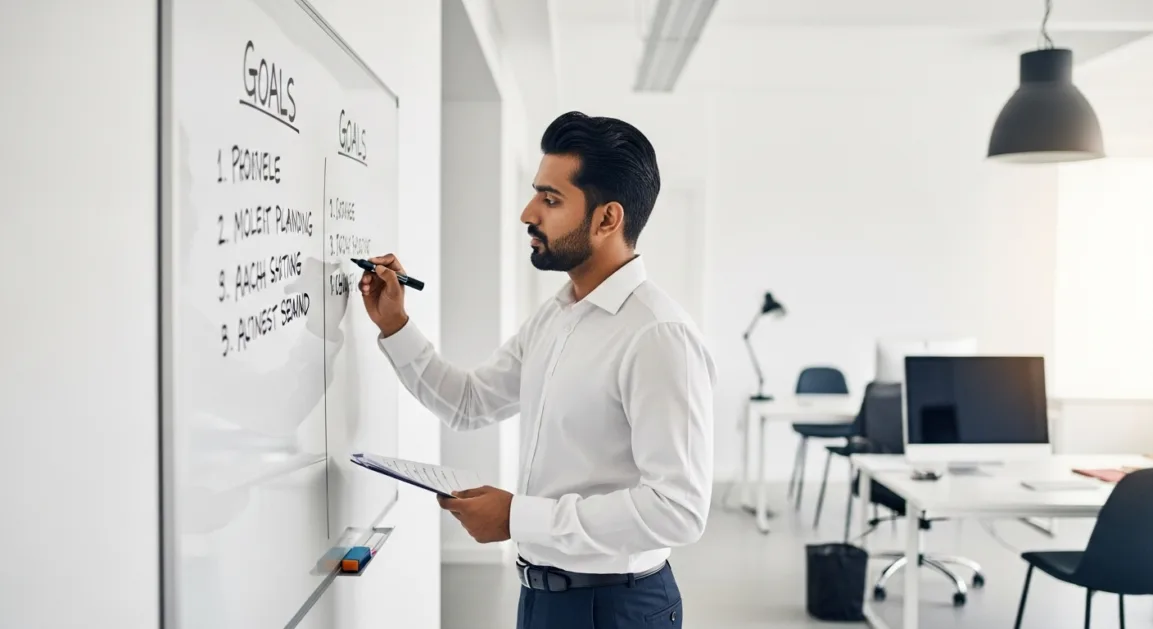 Simple Indian businessman writing goals on a whiteboard in an office setting, focused expression, minimalistic background