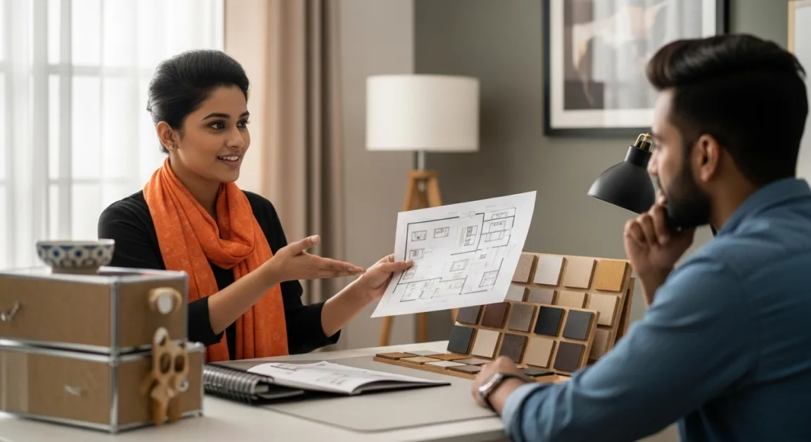 Indian interior designer discussing modular furniture and home office layout plans with client.