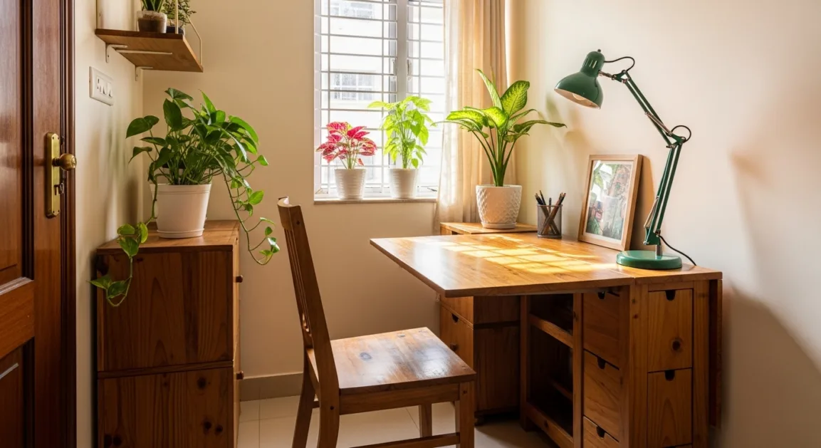 Indian small apartment home office with wooden modular desk, indoor plants, and natural light for work-from-home optimization.