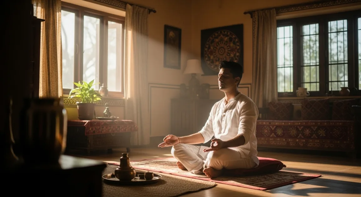 Indian man practicing mindfulness meditation at home in calm morning sunlight