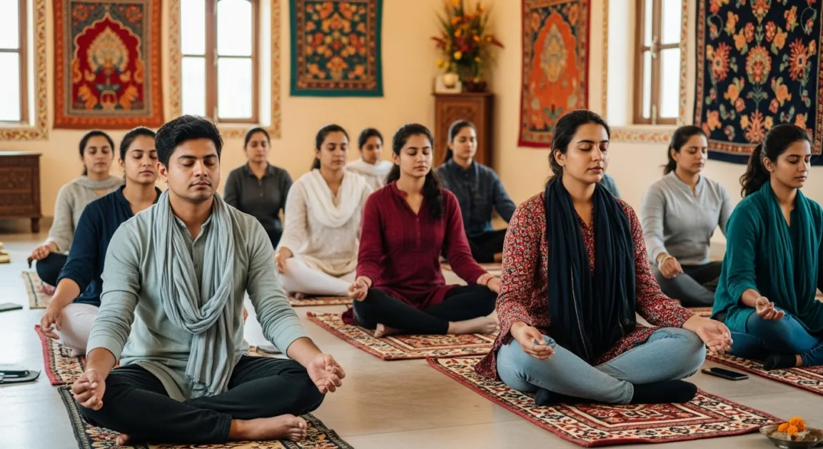 Indian men and women participating in a mindfulness workshop practicing meditation and breathing exercises