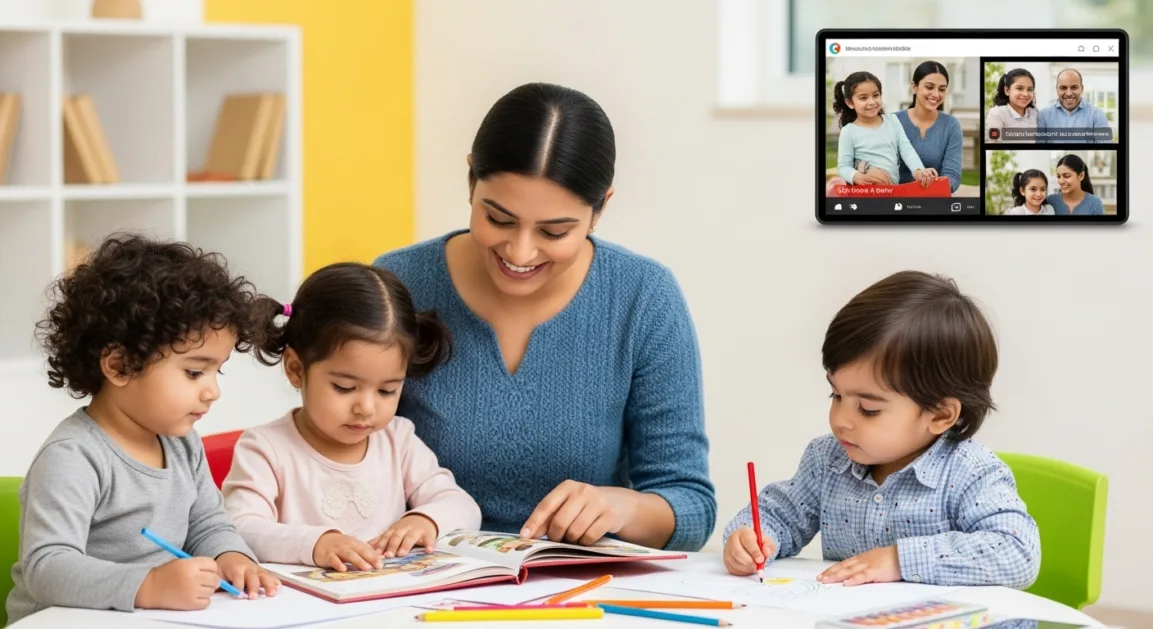 Children participating in fun learning activities at an Indian daycare center with photos and videos being shared with parents