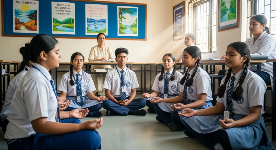 Indian school students participating in mindfulness exercises for exam stress management