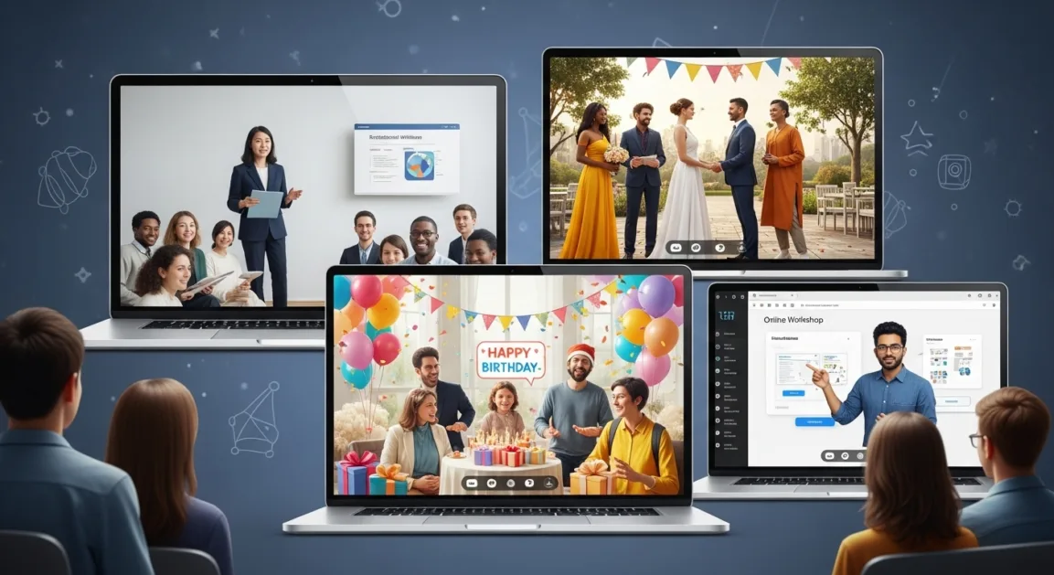 Online events including webinars, birthdays, and weddings shown on laptop screens