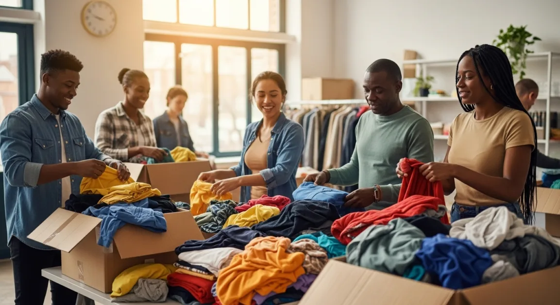 Volunteers collecting and sorting donated clothes in boxes at a community center.