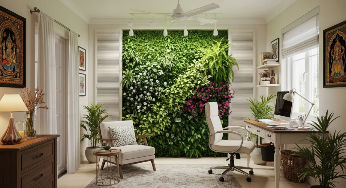 Vertical garden and indoor plants decorating a simple Indian home workspace for a fresh and productive environment.