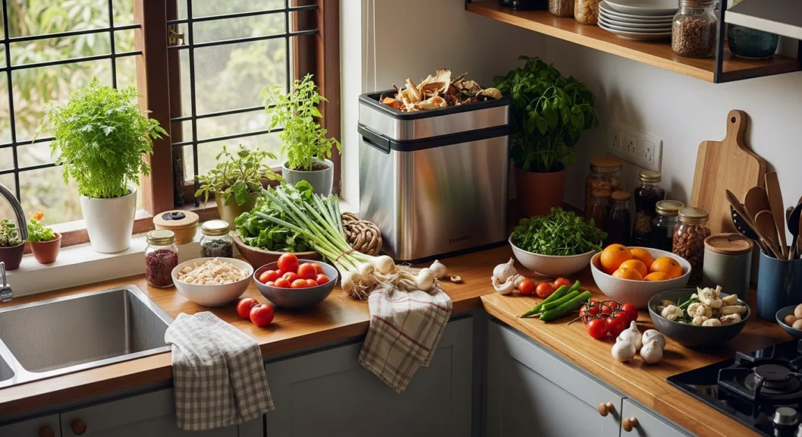Indian household practicing zero waste by composting food scraps at home