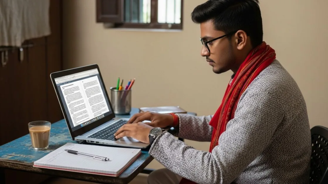 a young indian boy doing content writing on his laptop in his village
