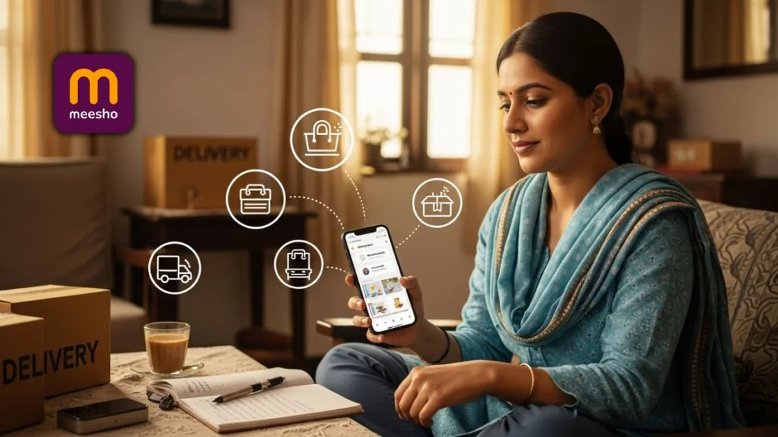 a indian house wife showing meesho dashboard in her phone