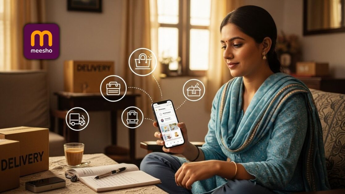 a indian house wife showing meesho dashboard in her phone