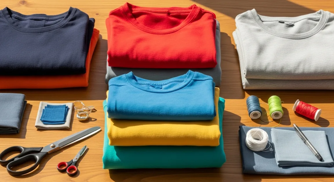 A top view of folded used clothes, fabric scraps, and sewing tools for textile upcycling.