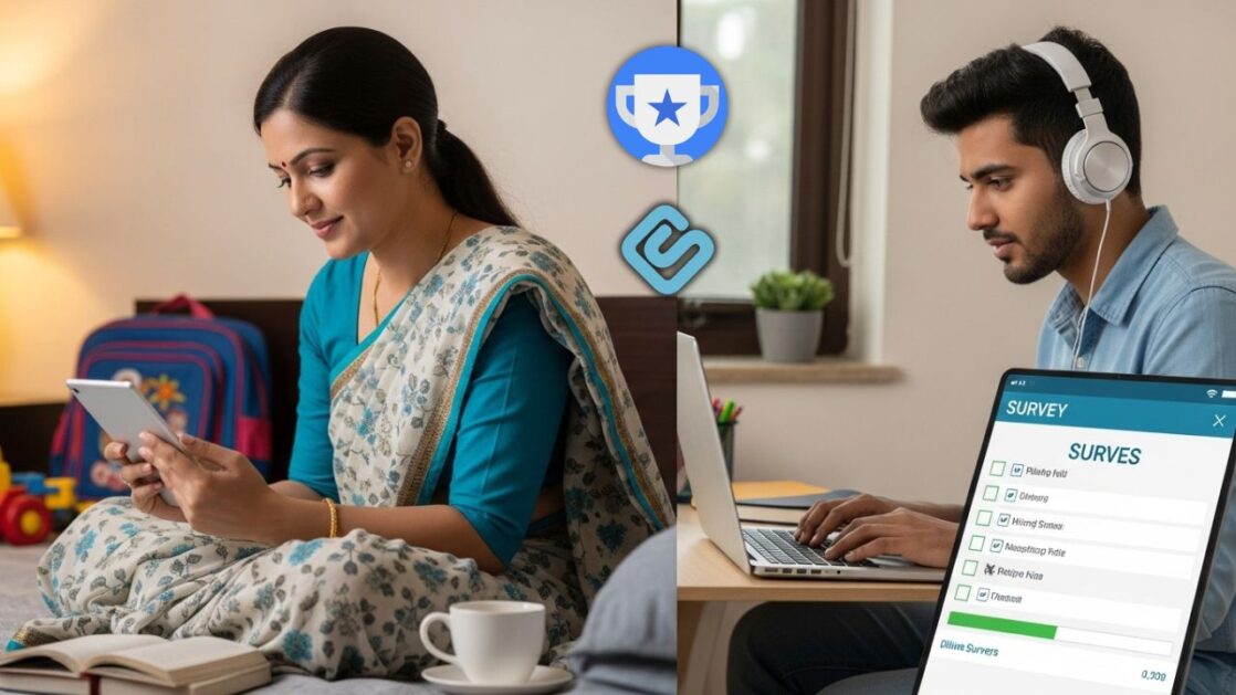 a indian lady and a young boy filling surveys on platforms like google opinion reward and swagbucks from their phone and laptop