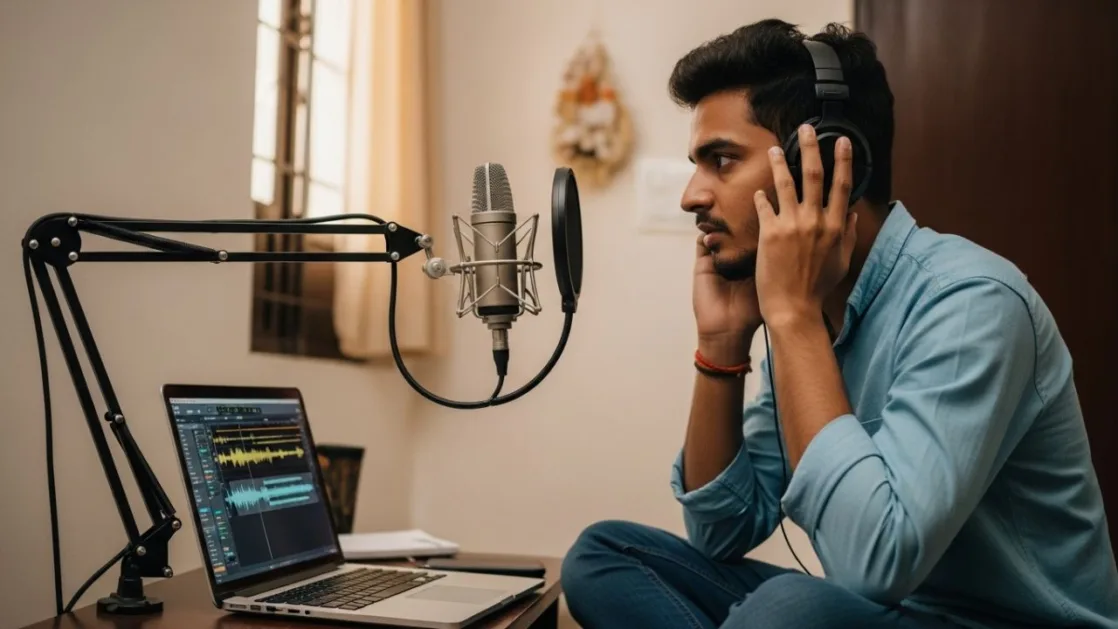 a young indian boy doing voiceover job from his village