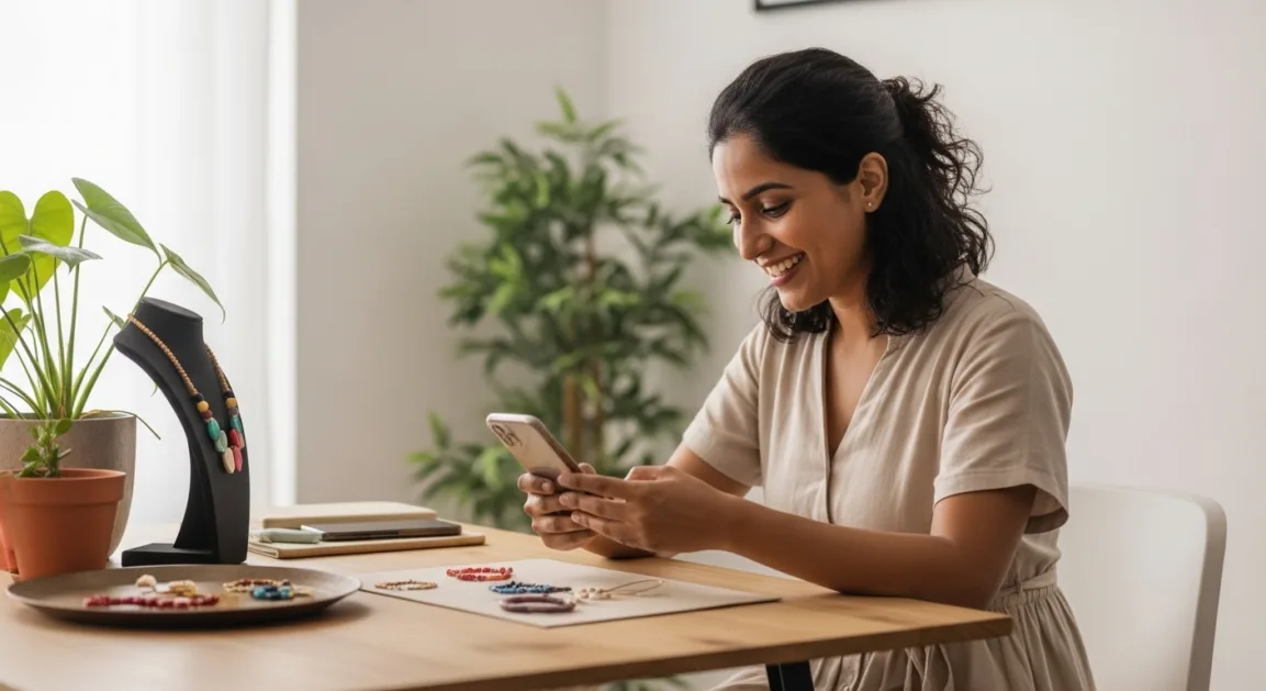 Indian woman managing online store on WhatsApp Business app, showcasing product catalog and customer orders on smartphone