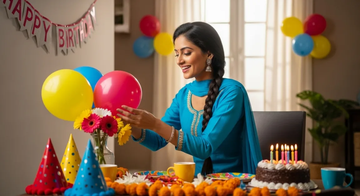 Indian event planner arranging birthday party decorations and sharing service details via WhatsApp Business
