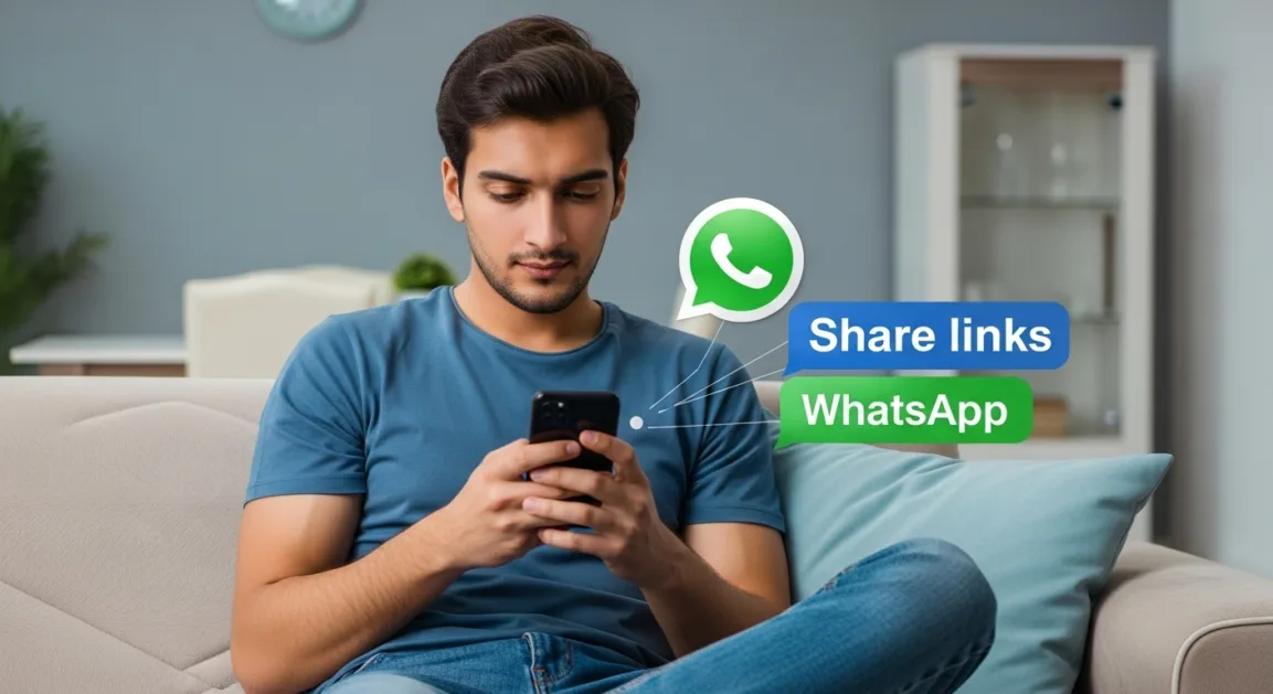 Indian young man sharing affiliate product links on WhatsApp, earning commission through online marketing