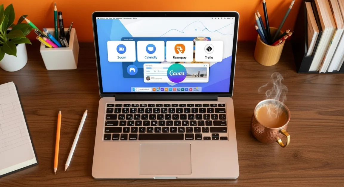 भारतीय सेटअप में Zoom, Calendly, Canva आदि टूल्स के साथ डेस्कटॉप दृश्य