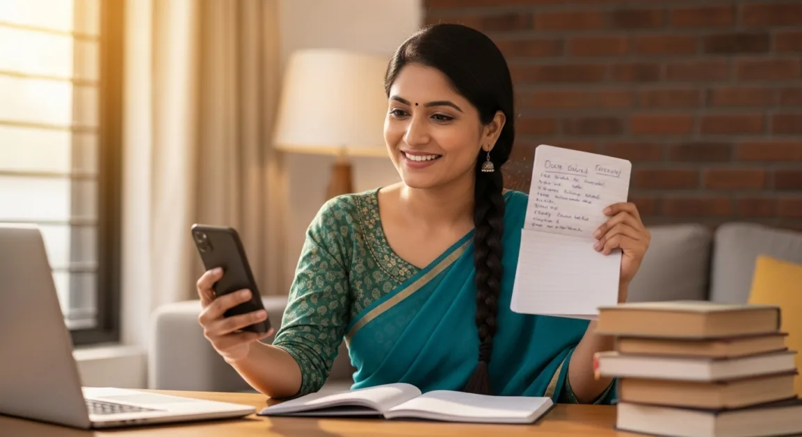 Indian female tutor teaching online classes through WhatsApp Business group, engaging students on video call