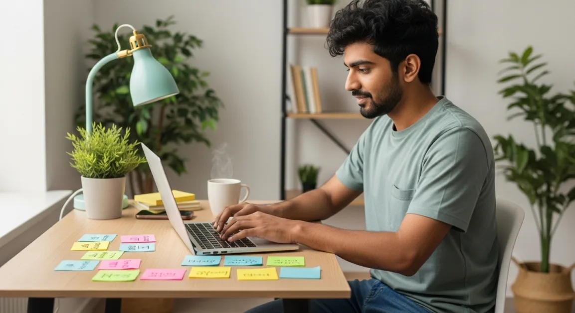 Indian content creator लैपटॉप पर काम करता हुआ, डिजिटल मीडिया कंटेंट बना रहा है