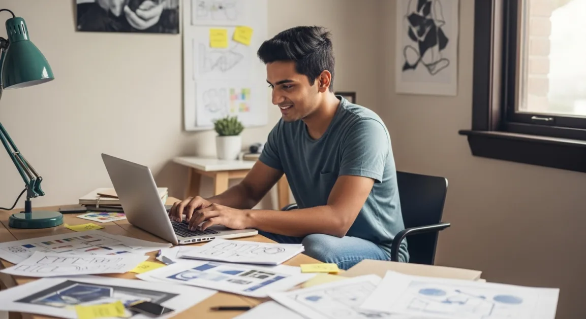Indian freelancer creating graphic design and video content for small businesses using WhatsApp Business