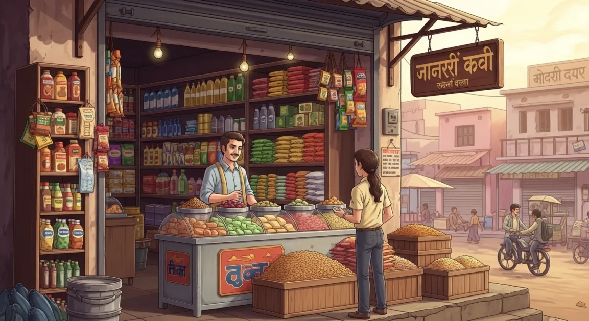 एक छोटे शहर की किराना दुकान जिसमें दैनिक उपयोग की वस्तुएँ सजी हैं और दुकानदार ग्राहक सेवा कर रहा है।