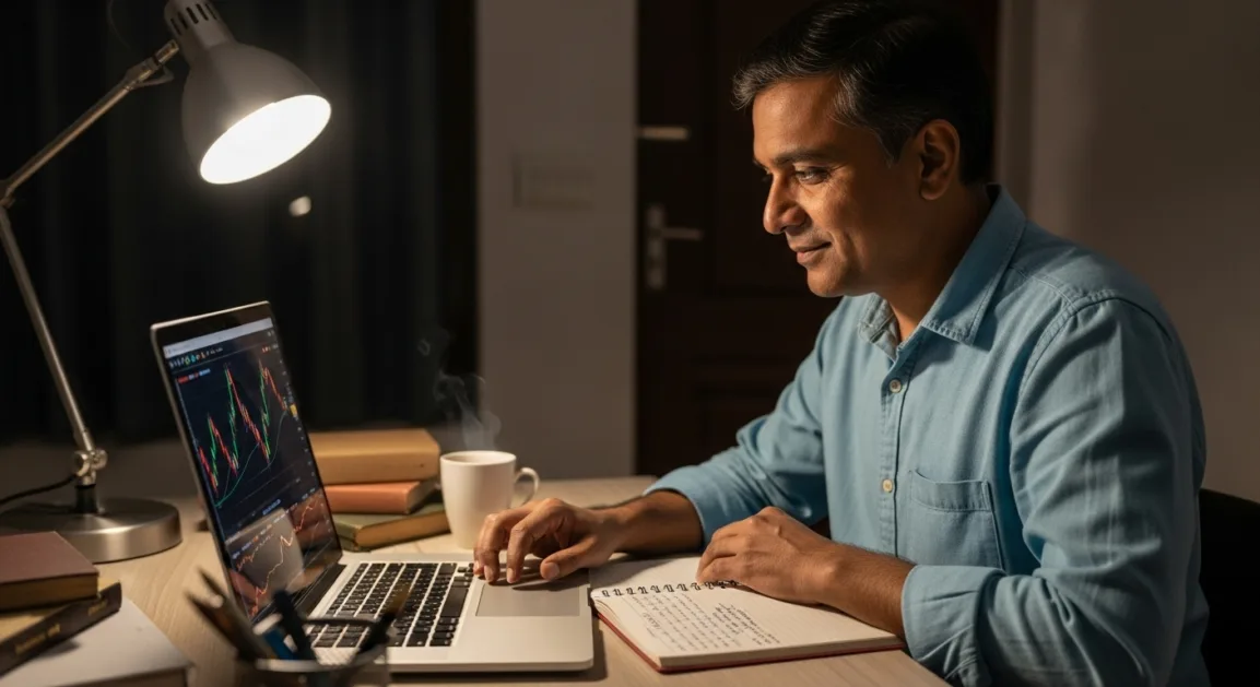 एक भारतीय व्यक्ति लैपटॉप पर बिटकॉइन की कीमतें जांचते हुए, ट्रेडिंग की तैयारी करता हुआ