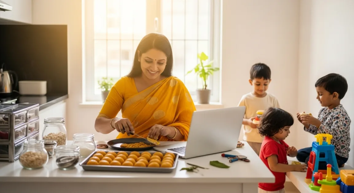 भारतीय गृहिणी घर से कारीगरी या खाना बनाते हुए, बच्चों की मौजूदगी में