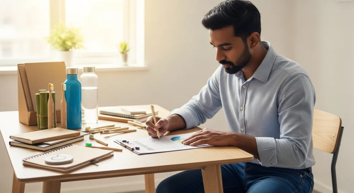 एक चेकलिस्ट जिसे एक व्यक्ति टिक कर रहा है, पास में इको-फ्रेंडली उत्पाद रखे हैं।