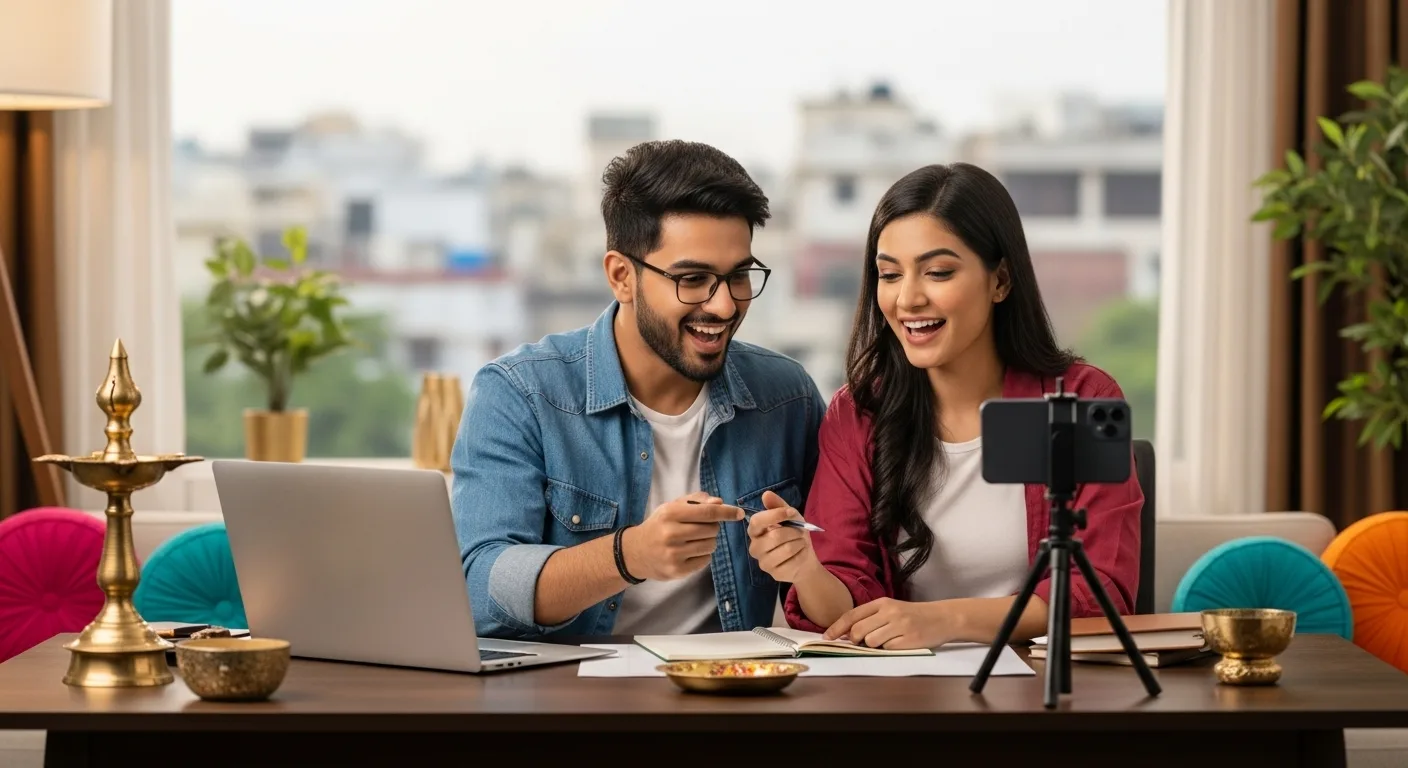 A young Indian man and woman in a modern home studio, planning their YouTube channel with a laptop and smartphone, surrounded by Indian decor.