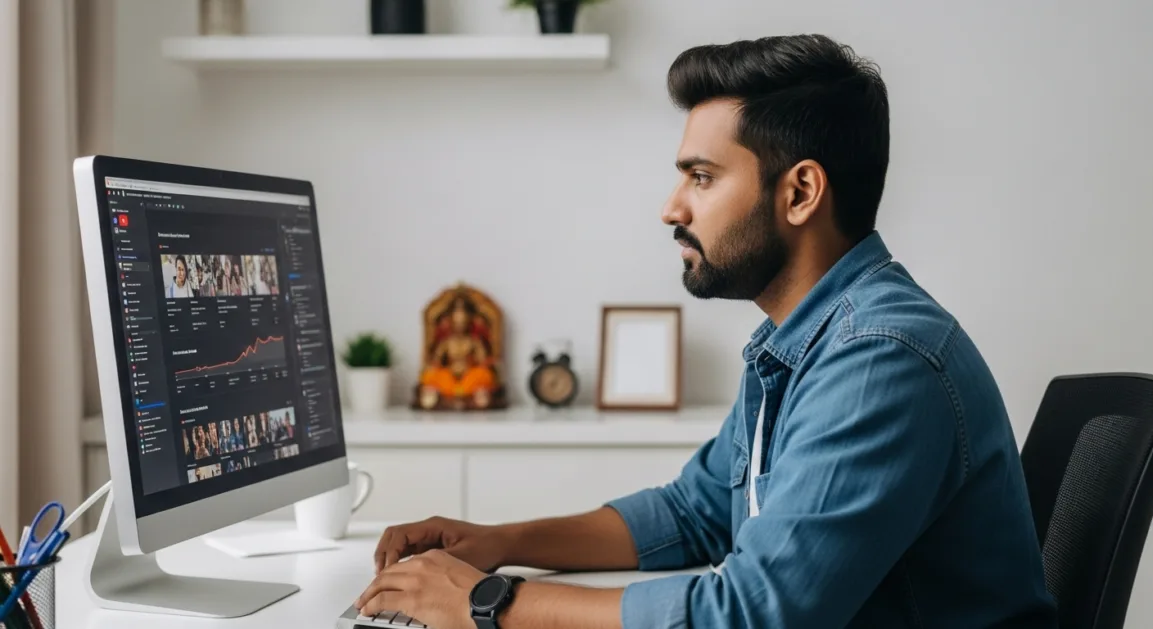 A young Indian man in a casual shirt analyzing YouTube analytics on a computer in a modern home office with Indian decor elements.