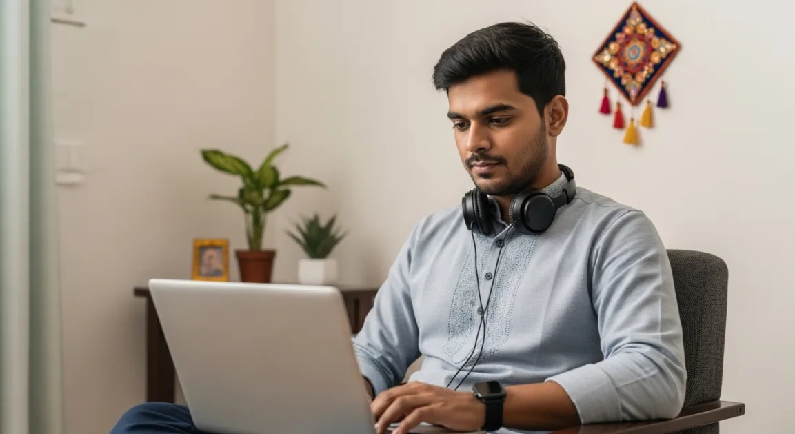 A young Indian man in casual attire researching YouTube trends on a laptop in a modern apartment with Indian decor.