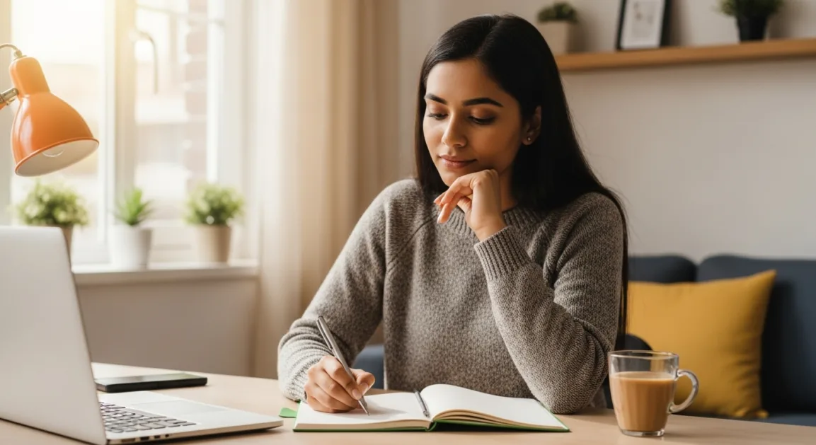 A young Indian woman in a modern home, writing in a notebook at a desk with a laptop and chai, brainstorming YouTube niche ideas.