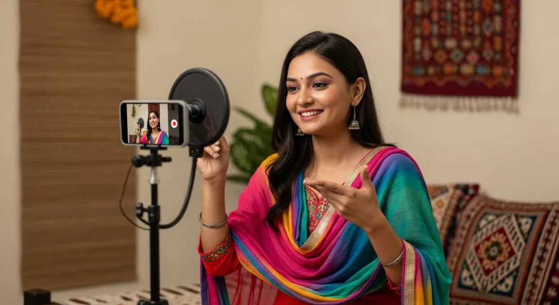 A young Indian woman in a colorful salwar kameez recording a YouTube video with a smartphone on a tripod in a vibrant, well-lit room.