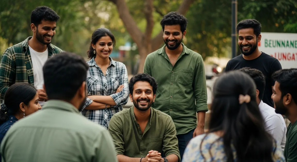 Photograph of an Indian YouTube creator with fans in a park, holding a t-shirt, with signs displaying Hindi text 'विविध आय' and 'वफादार कम्युनिटी'.