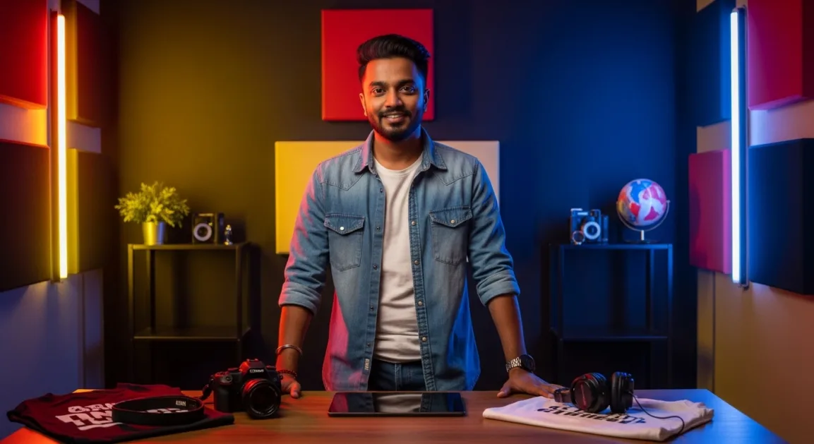 Photograph of an Indian creator in a studio with a camera and products like a t-shirt, with a whiteboard in the background listing Hindi terms like 'विज्ञापन', 'मेंबरशिप', and 'मर्चेंडाइज'.