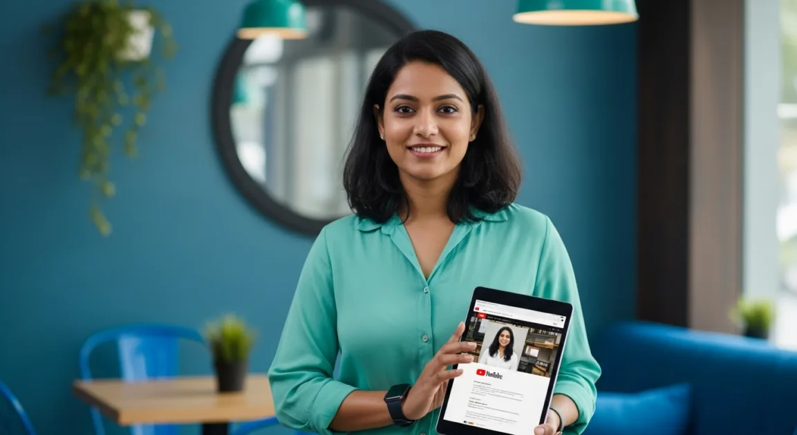 Photograph of an Indian woman holding a tablet showing her YouTube channel, standing in a café, with Hindi text overlays like 'जुनून', 'स्किल्स', and 'पहचान'.