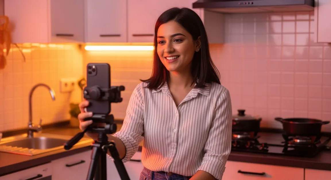 Photograph of an Indian woman filming a cooking tutorial in a modern kitchen, with a chalkboard listing Hindi terms like 'निच चुनें', 'नियमित अपलोड', and 'दर्शक जुड़ाव'.