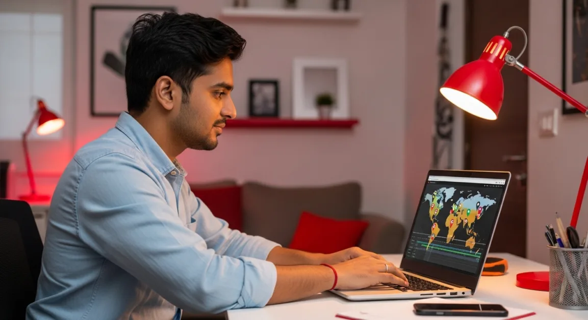 Photograph of an Indian man editing a YouTube video on a laptop in a modern apartment, with a world map on the screen and Hindi text overlays 'वैश्विक पहुंच' and 'वीडियो की ताकत'