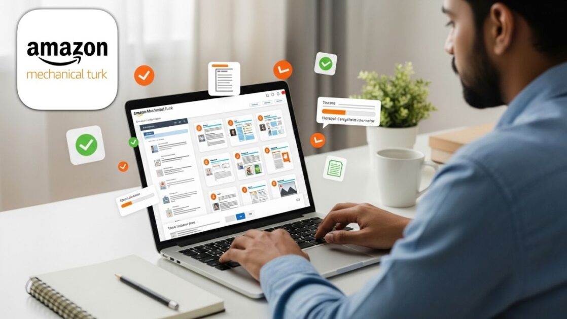 लैपटॉप पर MTurk के माइक्रो टास्क पूरे करता यूजर, सर्वे और डेटा एंट्री से ऑनलाइन इनकम करते हुए