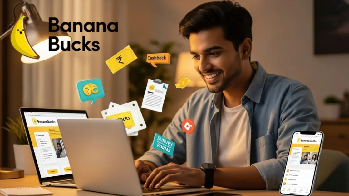 एक युवा भारतीय व्यक्ति अपने घर में लैपटॉप पर BananaBucks वेबसाइट का उपयोग करते हुए सर्वे पूरा करता हुआ और अपनी कमाई की जाँच करता हुआ। आसपास कैशबैक, रुपये और सर्वे आइकॉन्स दिखाई दे रहे हैं, साथ में टेबल पर रखा मोबाइल फोन भी BananaBucks ऐप दिखा रहा है।