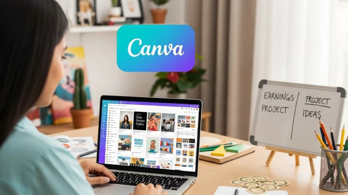 Canva टूल पर सोशल मीडिया पोस्ट डिजाइन करता हुआ व्यक्ति, फ्रीलांसिंग से ऑनलाइन पैसे कमाते हुए