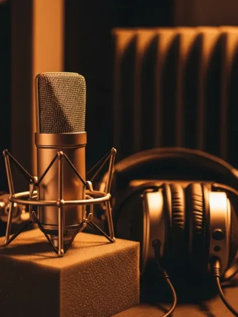 Close-up of studio microphone with headphones on soundproof foam