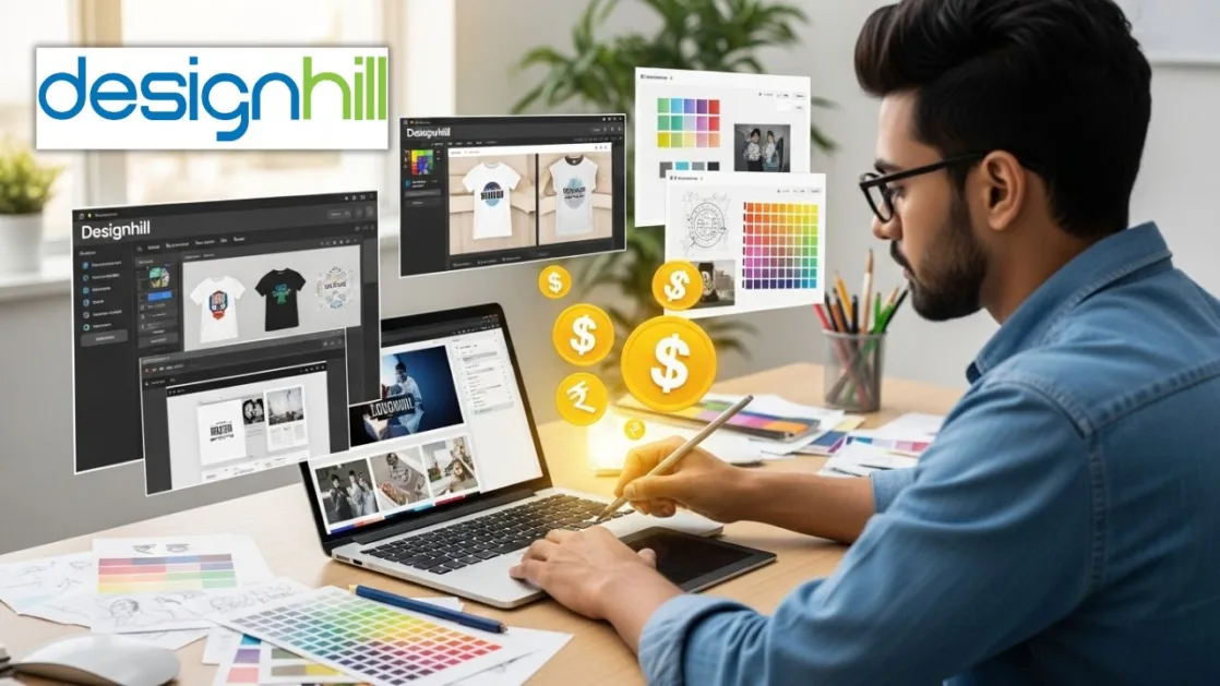 डिजाइनिंग टूल पर लोगो और टी-शर्ट डिजाइन करता ग्राफिक डिज़ाइनर, Designhill की प्रतियोगिताओं से पैसे कमाते हुए