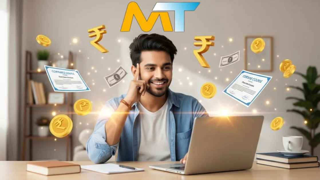 डिजिटल मार्केटिंग कोर्स करते हुए युवा व्यक्ति, Millionaire Track प्लेटफॉर्म पर एफिलिएट कमाई दिखाते हुए