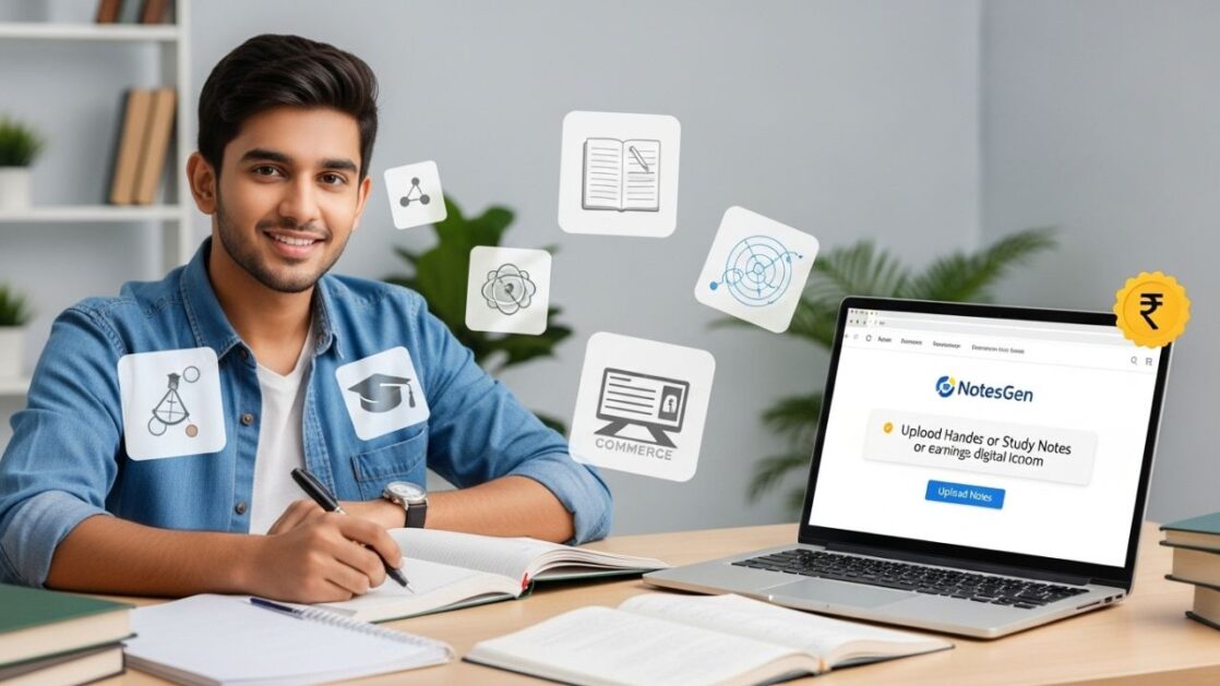 स्टूडेंट अपने नोट्स NotesGen पर अपलोड करता हुआ, डिजिटल फॉर्मेट में शिक्षा सामग्री बेचते हुए