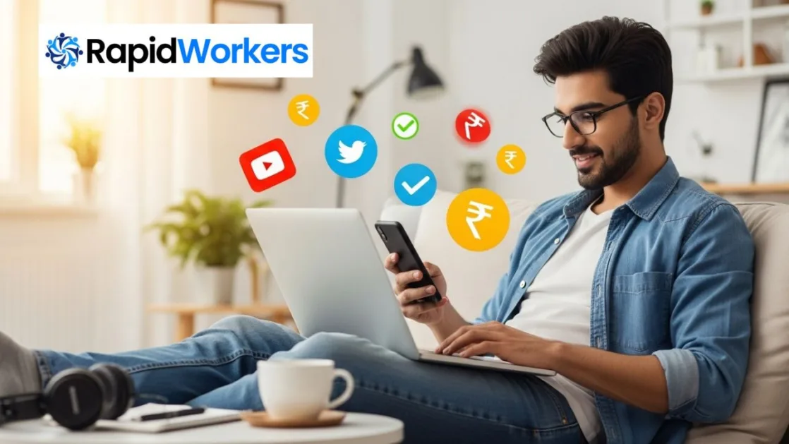 Rapidworkers वेबसाइट पर छोटे टास्क जैसे यूट्यूब सब्सक्राइब और वीडियो देखने से पैसे कमाता यूजर