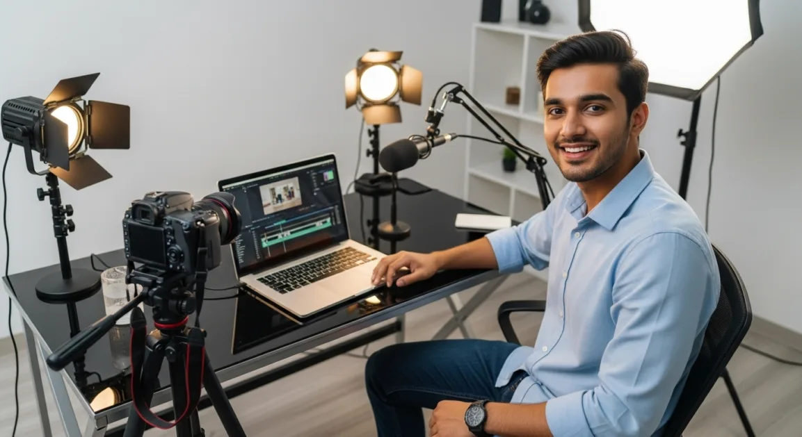 एक युवा भारतीय YouTuber जो कैमरा, माइक और लैपटॉप के साथ कंटेंट क्रिएशन कर रहा है