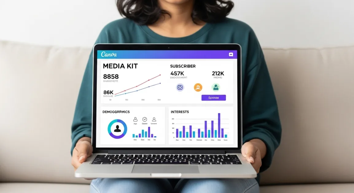 एक मीडिया किट जो लैपटॉप पर Canva में डिज़ाइन की गई है