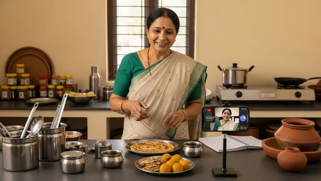Middle-aged Indian woman in saree conducting a live cooking class via smartphone in a traditional village kitchen, teaching how to make desi recipes like dal baati and parathas on Zoom or YouTube.