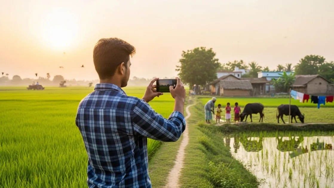 Young Indian man taking photos of lush green fields and rural life with his smartphone during sunset in a village, capturing the natural beauty of rural India for selling on stock photo websites